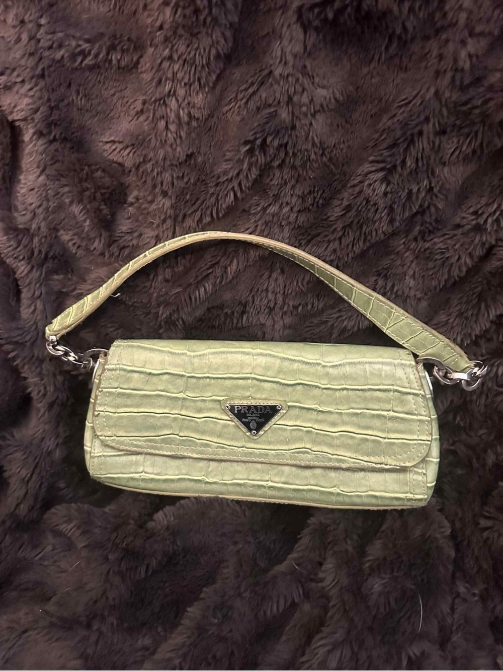 Prada Light Green Croc-Embossed Baguette Shoulder Bag